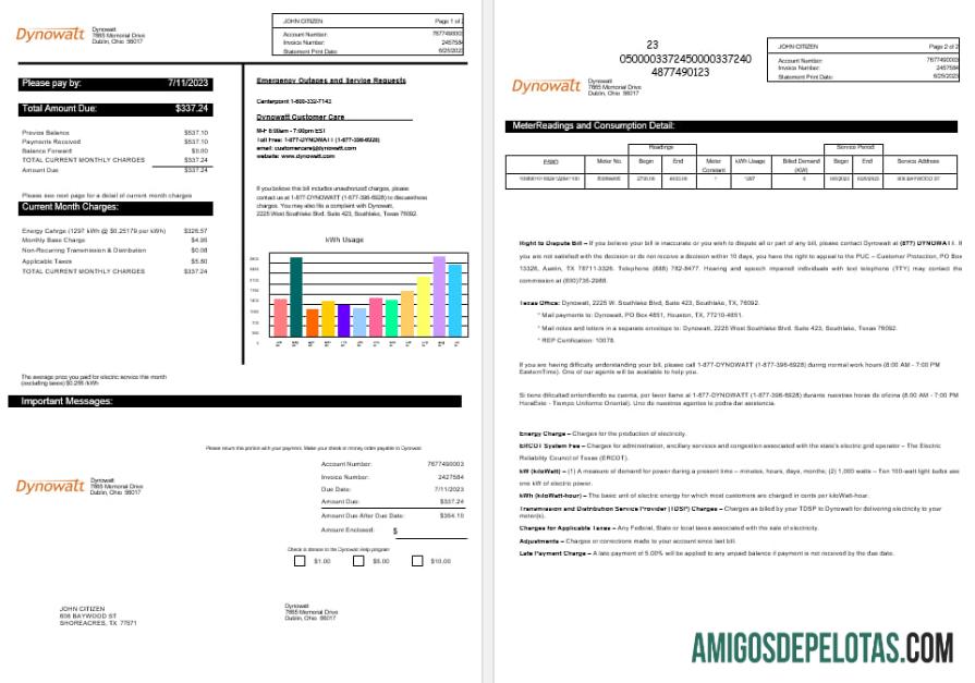 Formatos Word e PDF da conta de serviços públicos de eletricidade de Nova York Dynowatt exemplo real